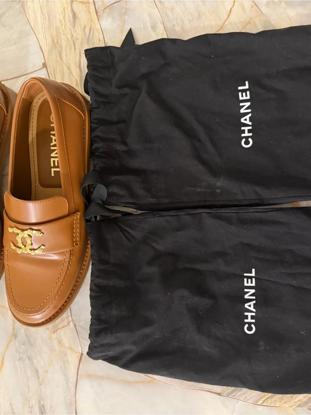 CHANEL Tan Leather Men's Loafers with Gold CC Motif